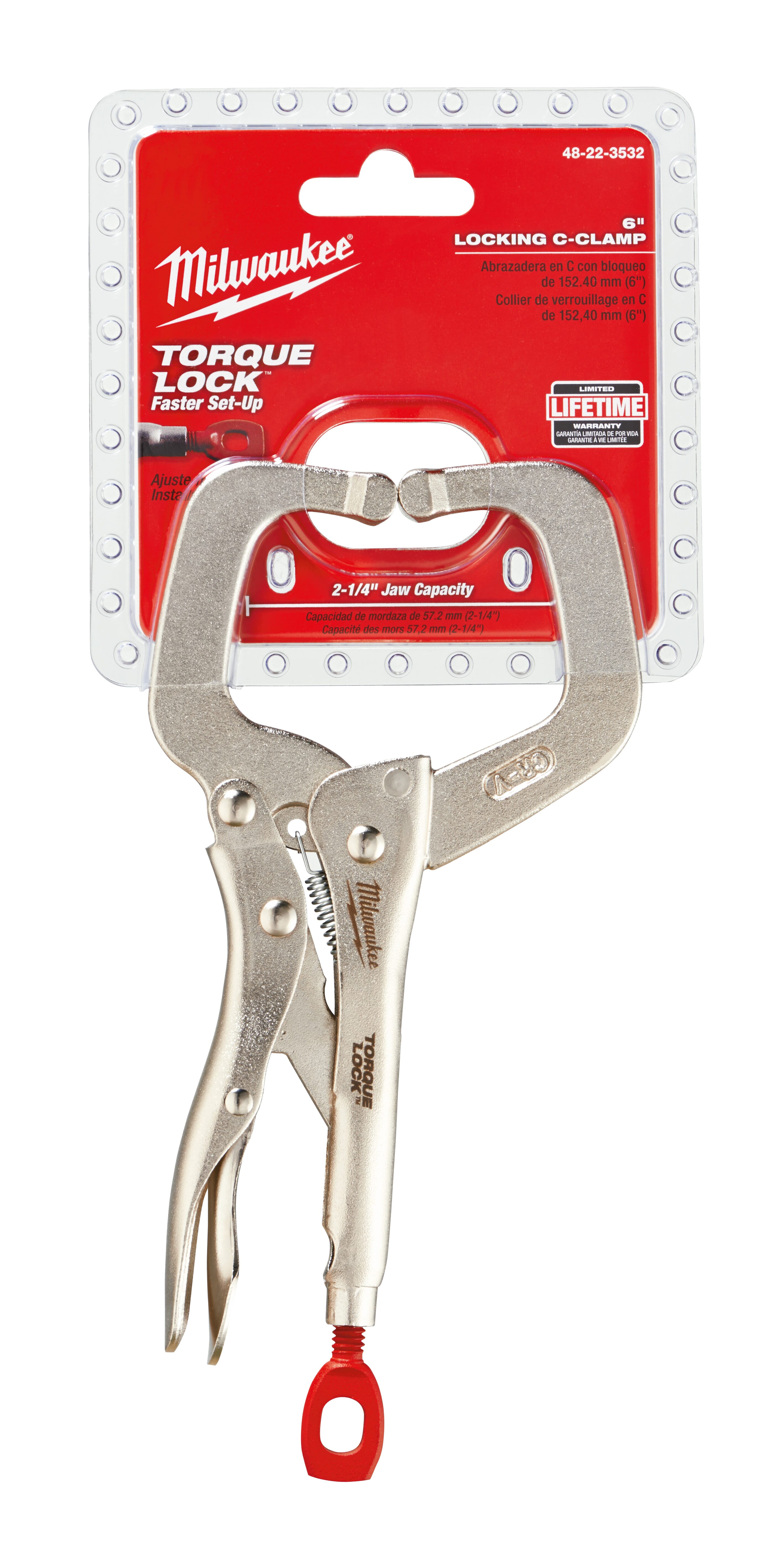 Milwaukee® 48-22-3532 Regular Jaw Locking C-Clamp, Polished Chrome, 2-1/4 in D Throat, 1/2 in Jaw Opening, 6 in Jaw, Forged Alloy Steel